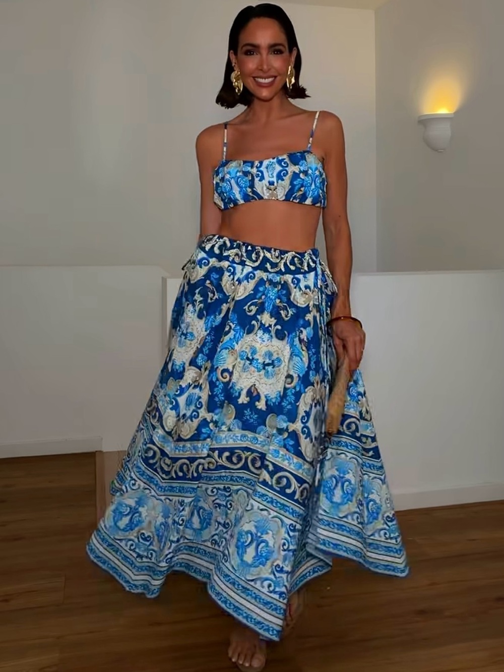 H&M NWT BLUE PATTERNED DRAWSTRING-DETAIL POPLIN SKIRT AND TOP